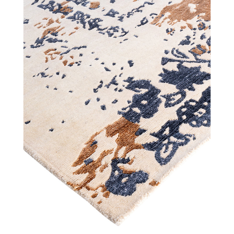 Ivory and Blue Hand-Knotted Wool and Silk Area Rug