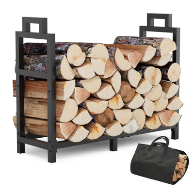 Râtelier à bûches de 76 cm (30 pouces) pour l'intérieur et l'extérieur, avec poignée et sac de transport. Support à bûches robuste et stable en métal, idéal pour foyer, terrasse ou patio. Résistant à la rouille, noir, carré.