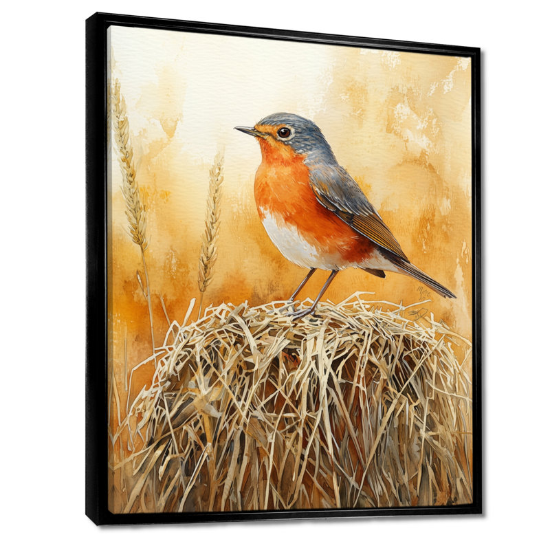 «Juilliard Robin Bird On The Hay Bale II», art mural sur toile, Noir, Impression encadrée flottante, H 20 po x l 12 po