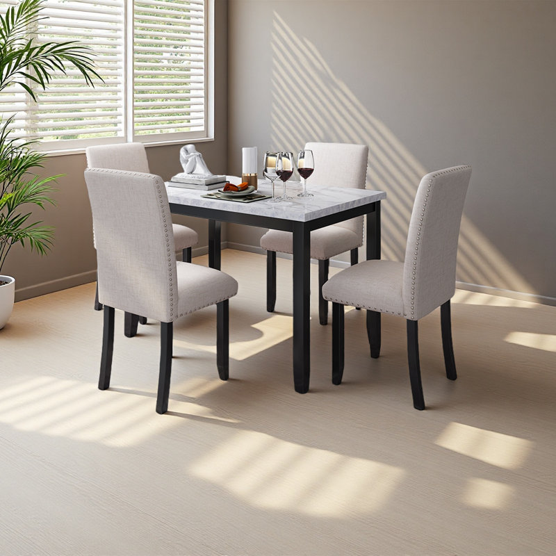 Table de salle à manger 5 pièces en faux marbre avec 4 coussins épais, Beige