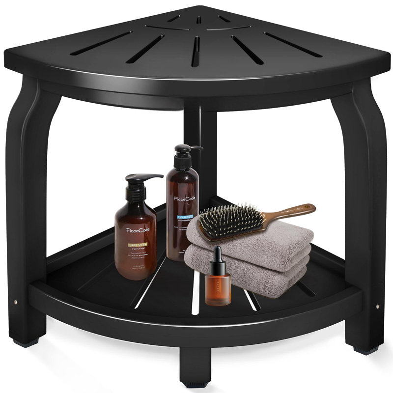 Bamboo Corner Shower Stool For Shaving Legs Foot Rest, Waterproof Bath Bench Seat With Storage Shelf For Bathroom Inside Shower, Hold Up To 450Lbs