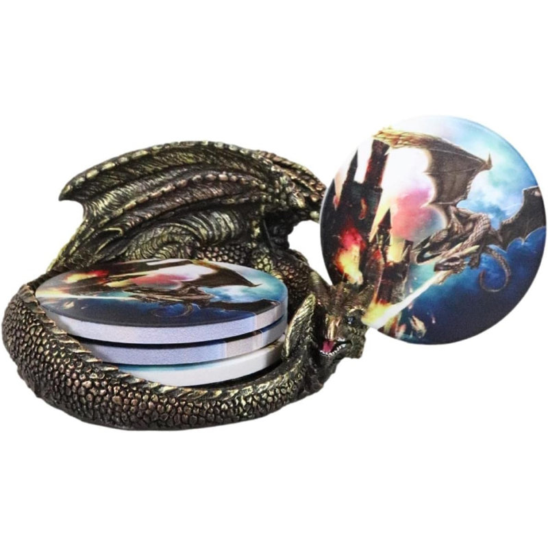 Trinx Golden Ancient Smaug Dragon In Hibernation Fantasy Coaster Set Figurine Holder With Four Round Fire Breathing Drake Image Sublimation Tile Coasters Medieval Dungeons And Dragons