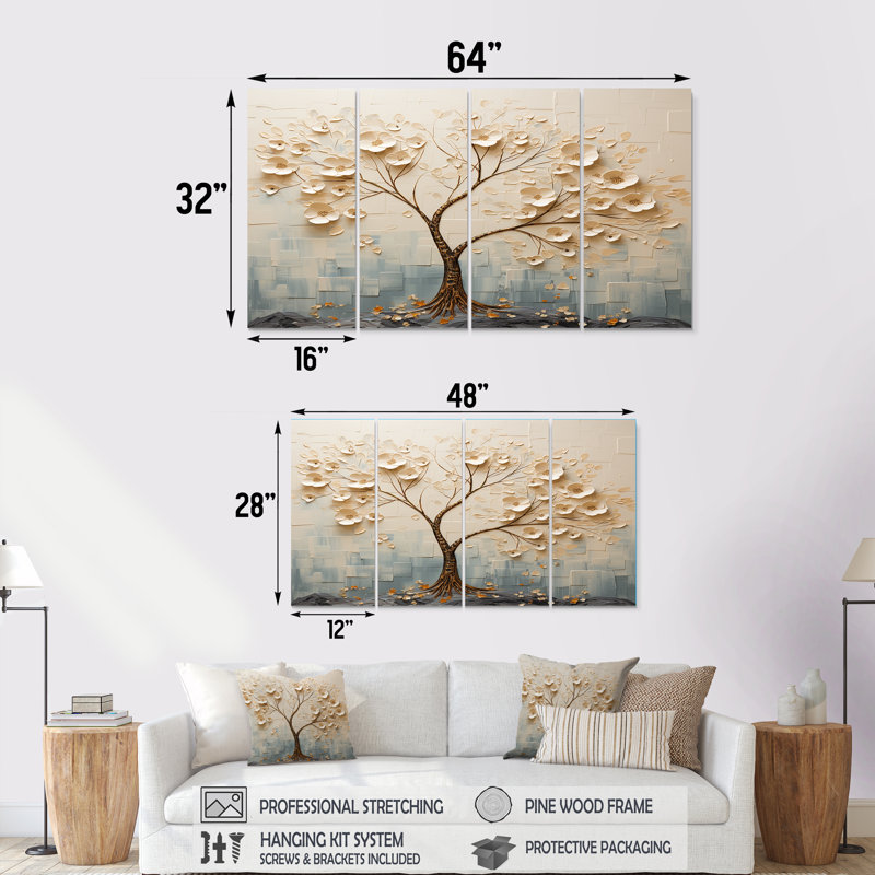 Arbre avec fleurs blanches, gloire du matin, art mural floral 4 pièces, H 28 po x l 48 po