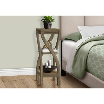 Table de bout carrée foncée taupe avec 3 pieds torsadés - look moderne, 2 tablettes de rangement, assemblage requis de trois pieds, pour le salon