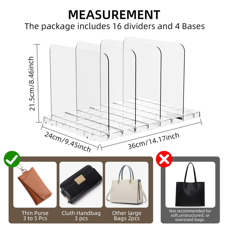 Acrylic Closet Shelf Organizer for Bags and Purses, Stackable Handbag Storage Divider to Keep Clutch, Wallet, Pocketbook Upright, 4 Pack (Clear)