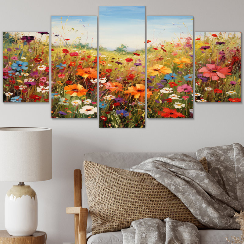 Fleurs colorées colorées Meadow Blooms I - impression sur toile florale - 5 panneaux