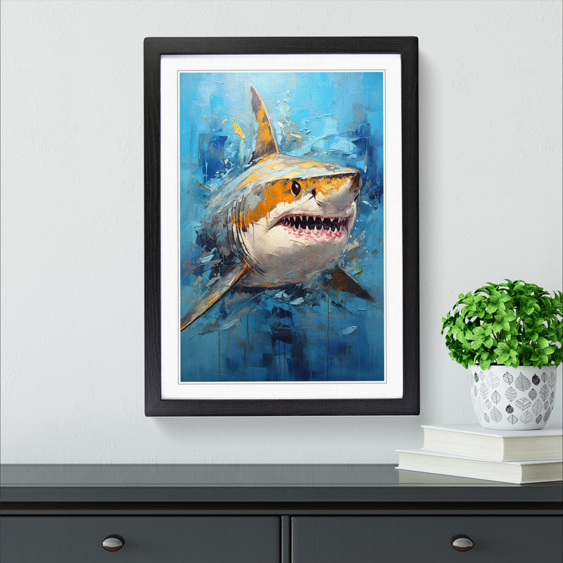 Shark Modern - Single Picture Frame Print on Wood, Black, 64cm H x 46cm W x 2cm D