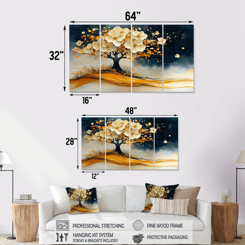 Silhouette de cerisier doré et bleu I - ensemble d'art mural cerisier en fleurs, H 32 po x l 64 po