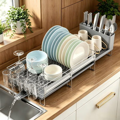 Expandable Stainless Steel Dish Drying Rack with Drain Board, Gray
