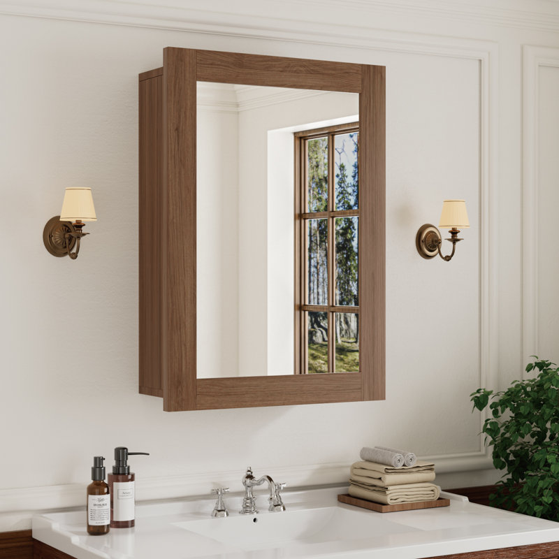20'' W x 28'' H  Wood Framed Bathroom Medicine Cabinet with Mirror, Adjustable Shelves, Reversible Door, Wall-Mount or Recessed, Walnut, Fully Assembled