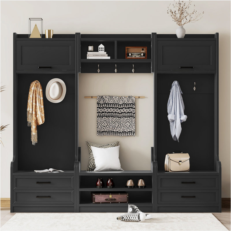 4-in-1 Detachable Hall Tree with Storage and 7 Hooks, Multiple Functions Hallway Coat Rack with Storage Drawers and Cabinet, Shoe Bench for Entryway Hallway