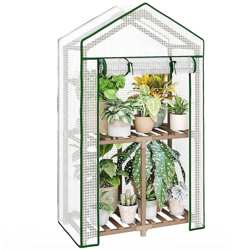 2-Tier Portable Mini Greenhouse, PE-Covered Winter Plant House with Sturdy Eucalyptus Frame for Indoor/Outdoor Gardens & Backyards