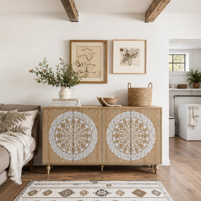 Boho Sideboard Buffet Cabinet with Mandala Carved Doors, 4-Door Storage Credenza with Adjustable Shelves, Push-to-Open Handle-Free Design, Elevated Legs for Dining Room, Living Room & Entryway