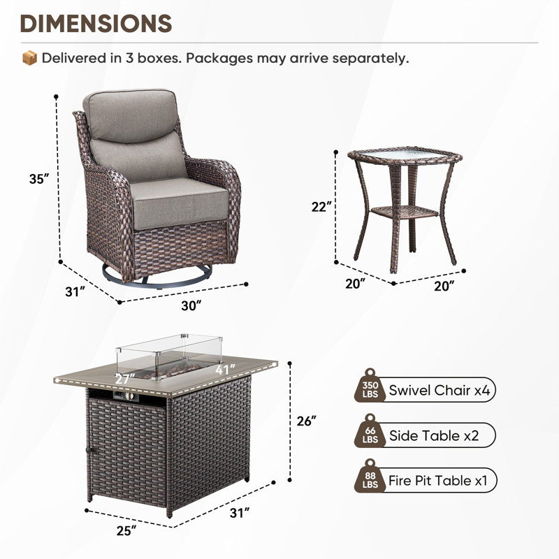 Ensemble de conversation d'extérieur en osier 7 pièces avec foyer rectangulaire Wickes, 4 fauteuils pivotants avec coussins épais de 6 po