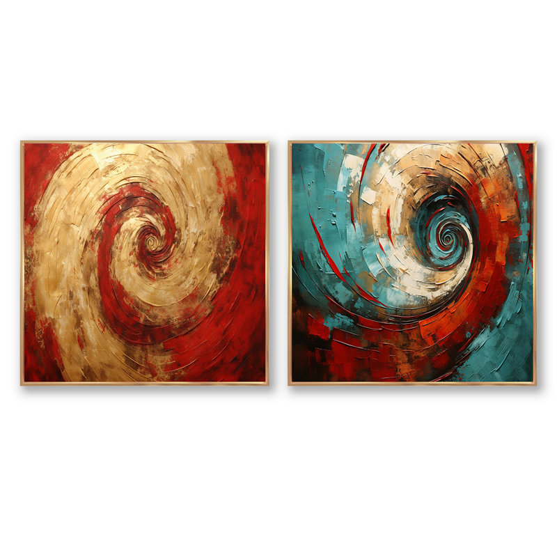 Red Gold Fusion Spiral - ensemble de 2 collages carrés abstraits, Cadre flottant doré, H 16 po x l 33 po