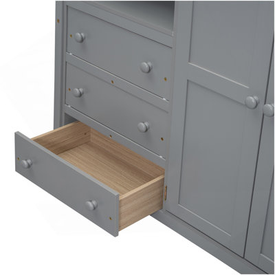 Lit mezzanine double avec garde-robe intégrée, bureau, tablettes et tiroirs de rangement, gris