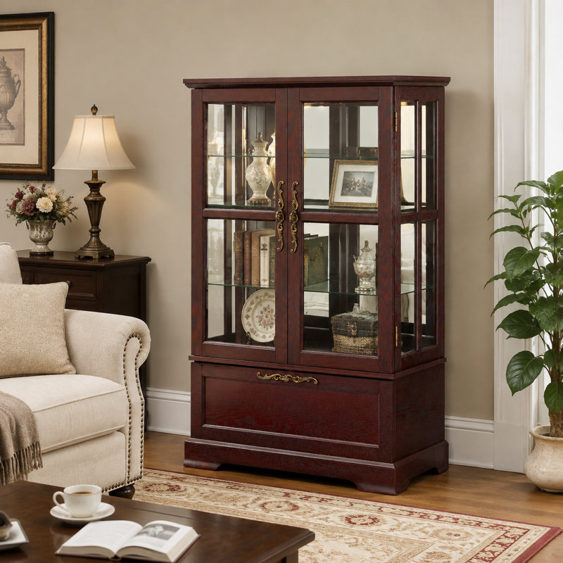 Vitrine H 46,89 po avec portes en verre, armoire de rangement à 2 niveaux avec éclairage RVB et tiroir rabattable, Brown