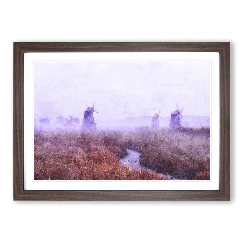 Landscape Windmill and Stream - Picture Frame Graphic Art, 27cm H x 36cm W x 2cm D, Walnut Framed