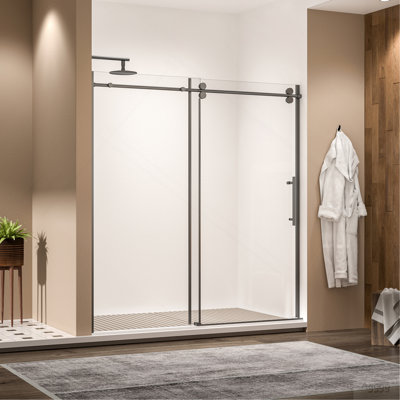 68-72" W * 76" H Stainless Steel Round Tube Frameless Single Sliding Shower Door, 3/8"-thick (10mm) SGCC Clear Tempered Glass Door, Reversible Installation, Matte Black