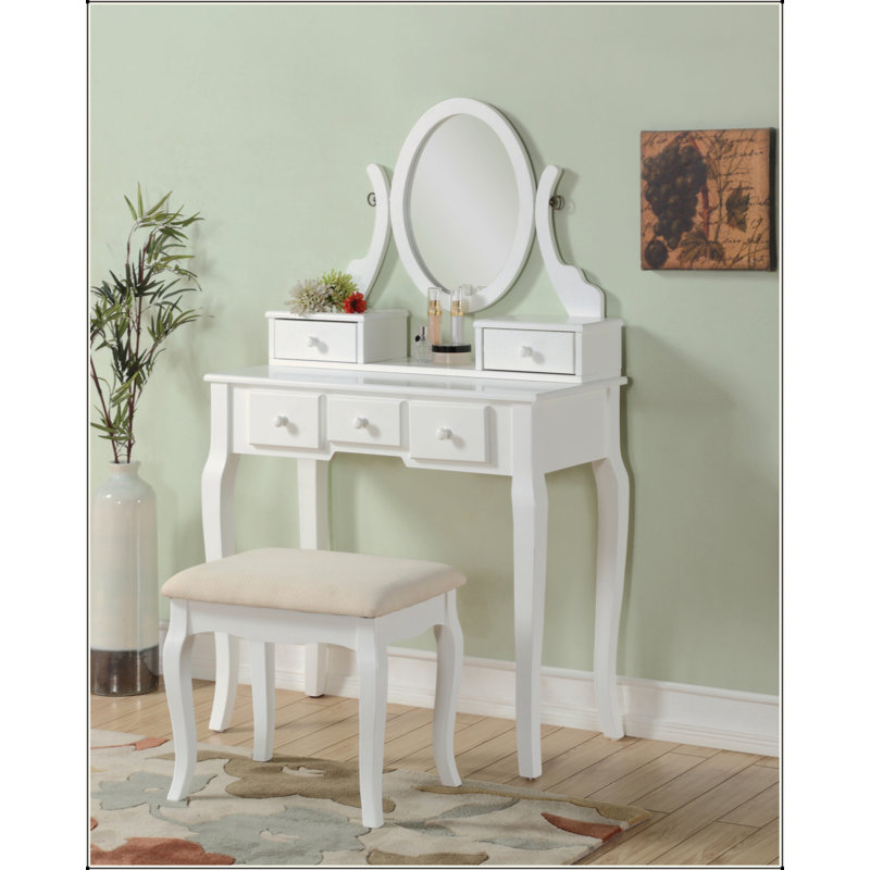 Ensemble coiffeuse et tabouret en bois, blanc