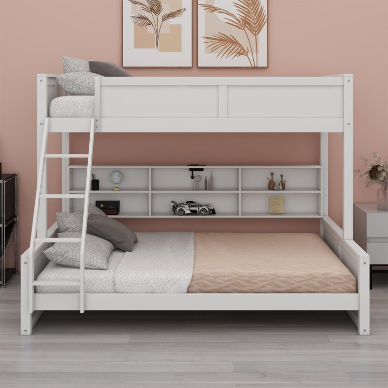 Lit superposé avec armoires de rangement et ports USB, Blanc antique