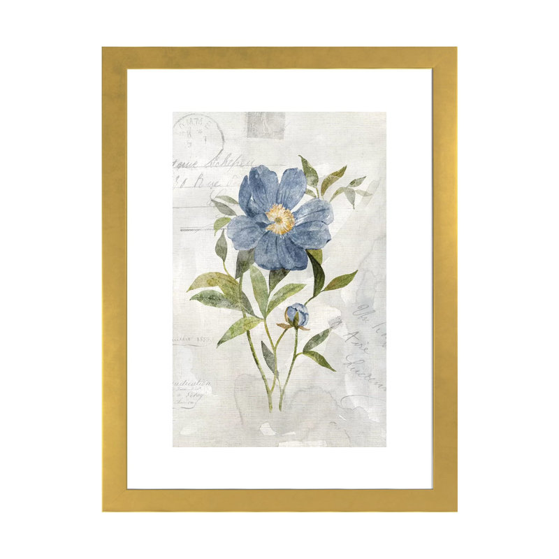 «Blue Linen Peony» par Carol Robinson - reproduction d'art, H 32 po x l 24 po x P 1 po, Papier encadré doré, Blanc