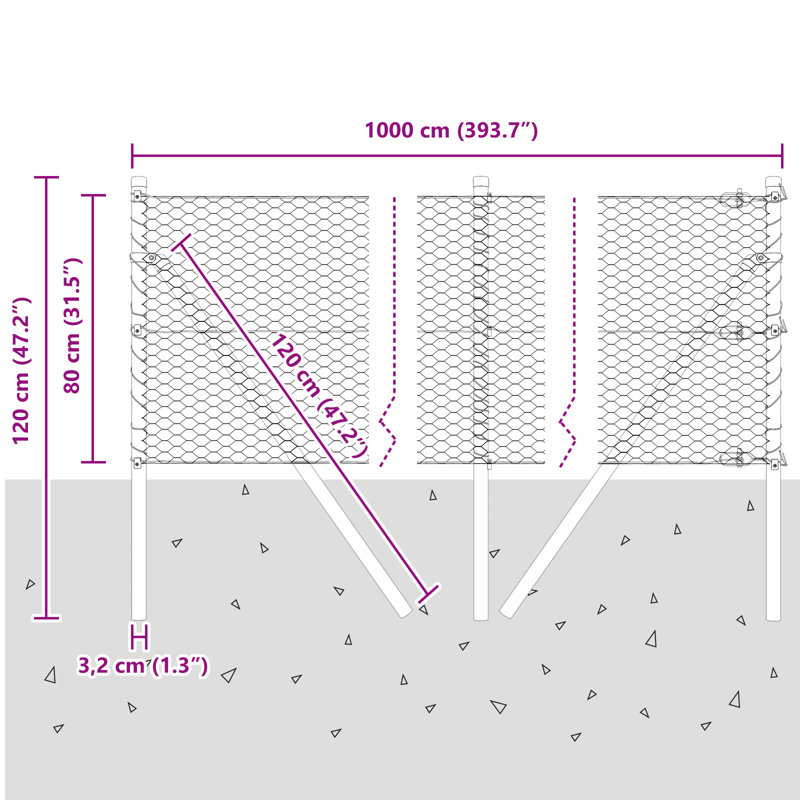 Hexagon Fence Grey 10 M Steel, 80cm H x 1000cm W