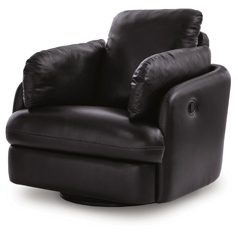 Modie Swivel Glider Recliner Chair with One Pull Motion, Black Leather