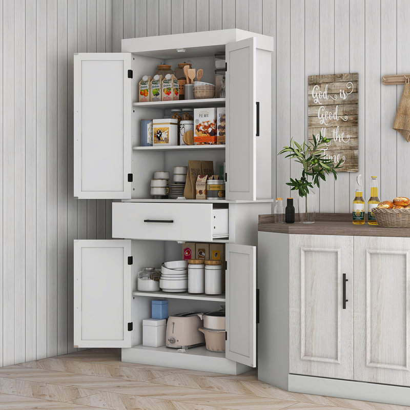 White Farmhouse Freestanding Kitchen Pantry Cabinet with Barn Doors
