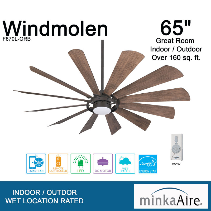 65" 12 - Blade Outdoor LED Smart Windmill Ceiling Fan with Remote Control and Light Kit Included