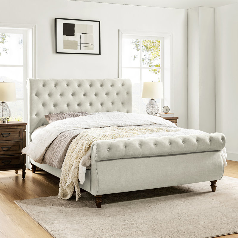 Eldredge Tufted Upholstered Platform Bed with Remote-controlled Lighted, King, Linen