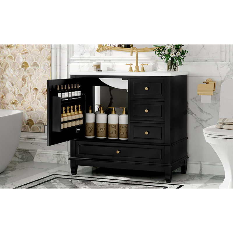 Meuble-lavabo de 36 po avec lavabo en céramique, panneau de fibres à densité moyenne et base en bois massif, 3 tiroirs et armoire avec tablettes, finition peinte en noir, meuble-lavabo autoportant avec trous de robinet de 4 pouces