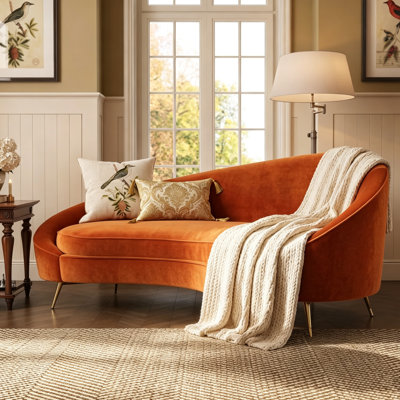 Canapé deux places incurvé en velours orange de 168 cm avec coussin en mousse et pieds en acier évasés