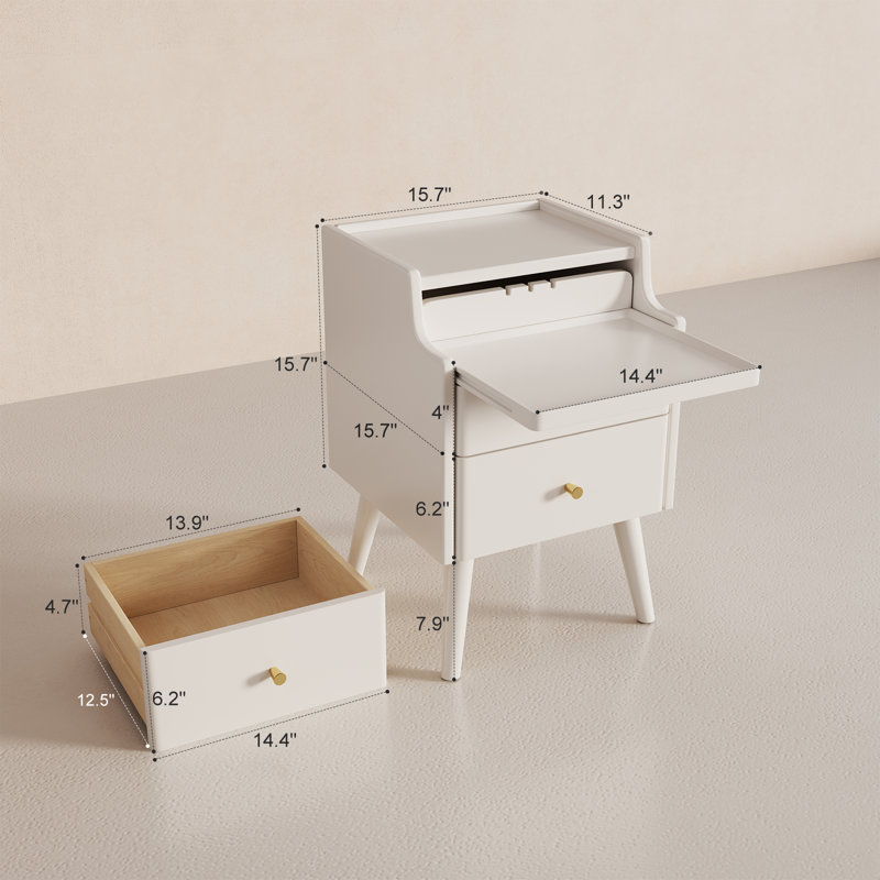 Narrow Solid Wood Nightstand with 2 Drawers, White, 15.74"W