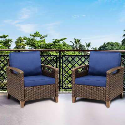 Outdoor Blue Cushioned Lounge Chair Of 2, Half-circle , Hollow Base, Steel, 4" Thick Cushions For Balcony Patio Brown Chairs With Cushions, Deep Seating, Handwoven , And Fade , Elastic Straps All
