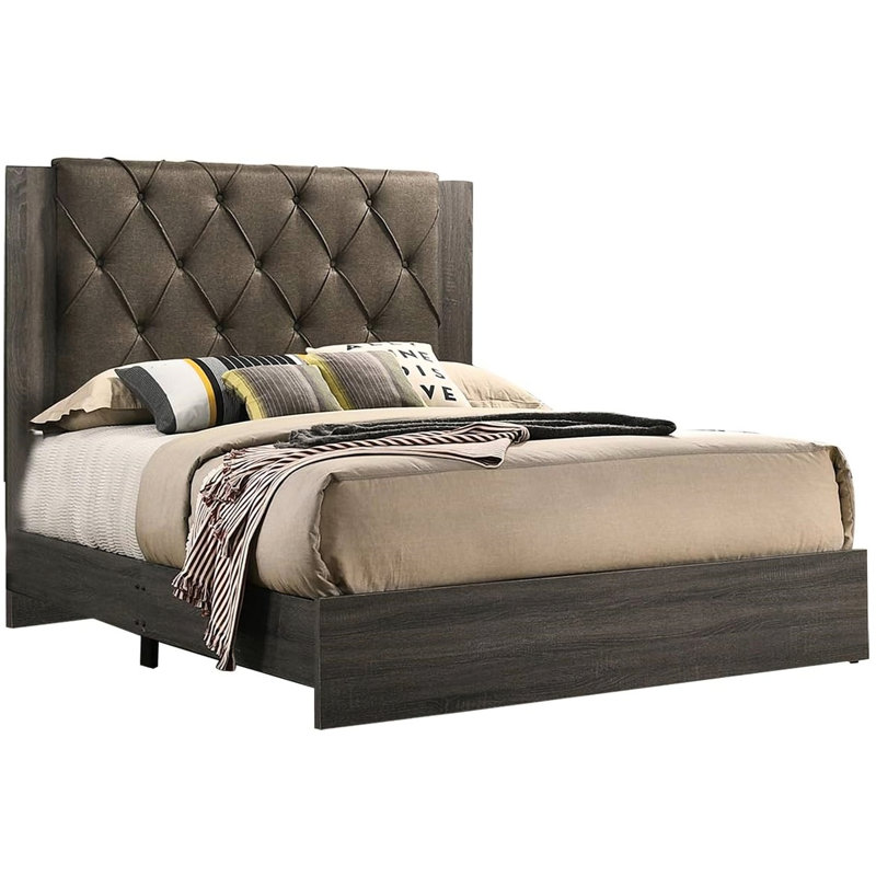 Queen Size Bed, Gray, Headboard, Rubberwood Frame For Bedroom Modern Bedroom, Bed, Gray