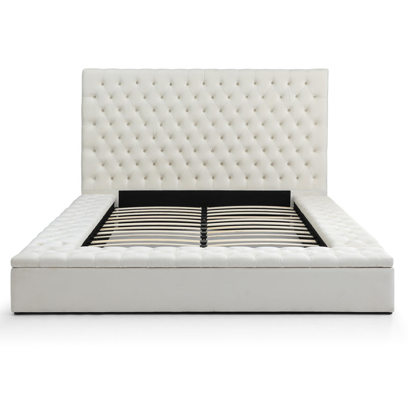 Lit plateforme tapissier Mikara, Crème, Très grand