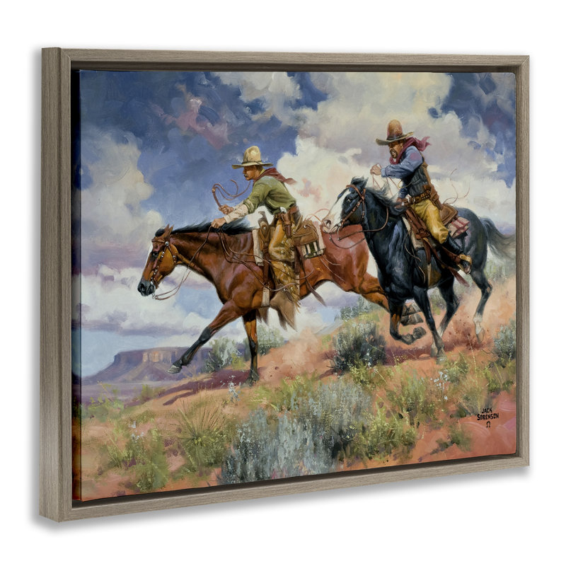 Trouble's A Comin 'Cowboys, H 25 po x l 31 po, Cadre flottant gris lustré