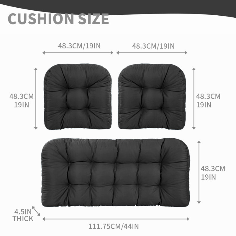 Three-piece rattan chair cushion set, waterproof and UV-resistant, with non-slip bottoms, suitable for outdoor patio furniture cushions—Black