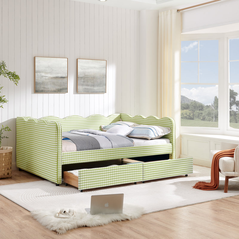 Lit de jour rembourré avec 2 tiroirs et port USB Chalan, Lit double, Vert