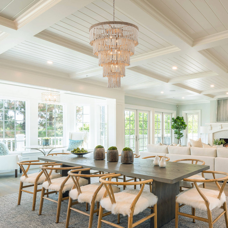 Bohemia 32" Beige Wood Beaded Tiered Large Statement Chandelier for Spacious Living Room, Entryway, High Ceiling Foyer