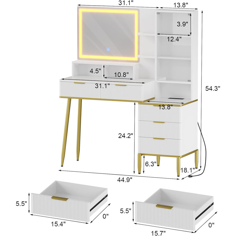 Bureau de maquillage avec lumières et prise électrique, Blanc / Doré