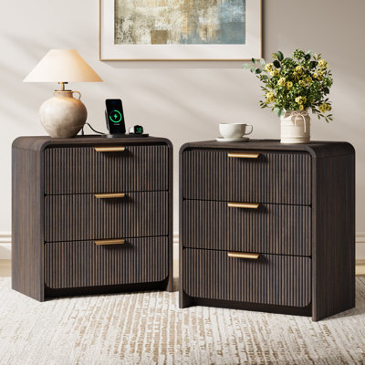 23.6" W Modern Nightstand for Bedroom, Wood 3-Drawer Night Stand Bedside Table with Curved Design(Set of 2)