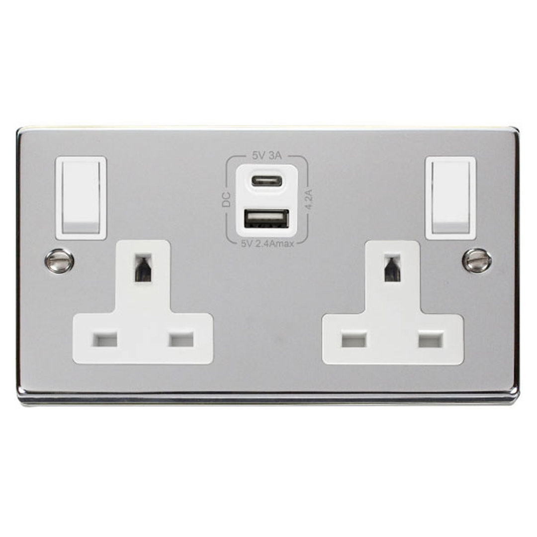 Polished Chrome 2 Gang 13A Type A & C USB Twin Double Switched Plug Socket