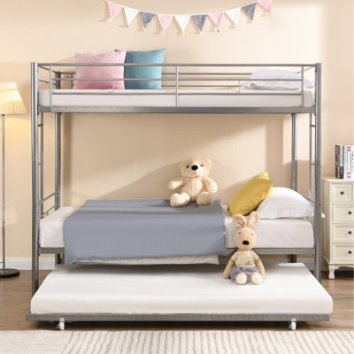 Silver Metal Bunk Bed With Trundle Modern Style Comfortable And Space Saving No Box Spring Required Easy Assembly Fits All Mattress Types