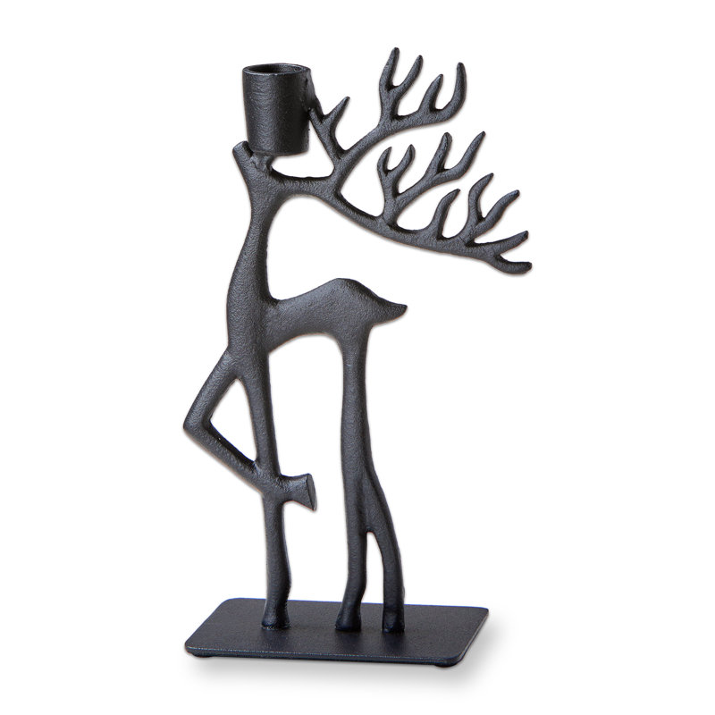 Forest Reindeer Gazing Up Taper Candle Holder Black Metal Christmas