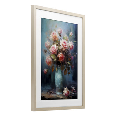 Vase bleu avec roses roses, reproduction encadrée sous verre, design par LSR Creative Studio