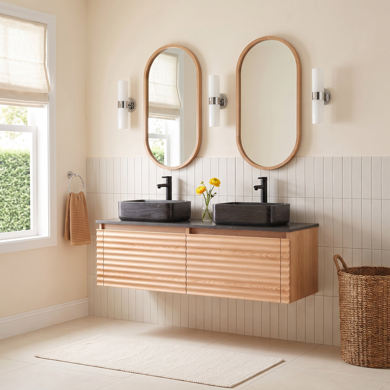 60" Oak Double Bathroom Vanity, Maple