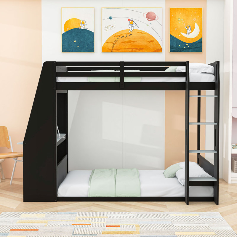 Bunk Bed With Desk, Storage Shelves USB And LED Light, Full, Gray