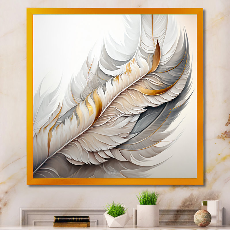 Plume blanche aquarelle - impressions abstraites sur toile transitionnelles, Cadre photo doré, L 16 po x H 16 po